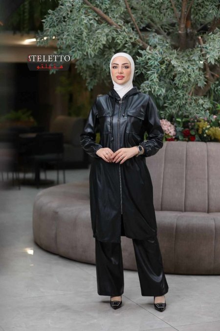 جاكيت جلد طويل مع سحاب